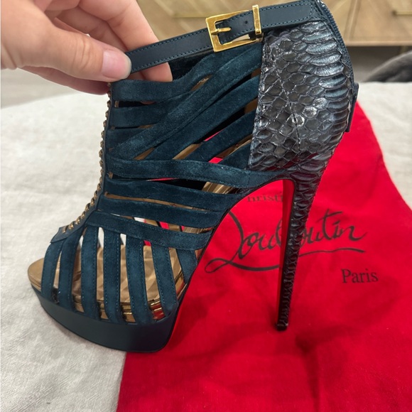 Christian Louboutin Blue and Gold Heels with Strappy Design - Picture 7 of 8